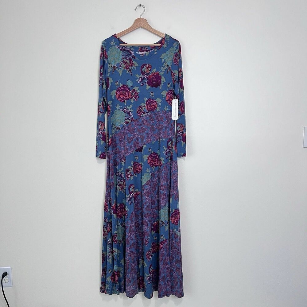 Soft Surroundings Ismerelda Floral Maxi Dress Blue Pink Jersey Long Sleeve M NEW - Picture 3 of 10